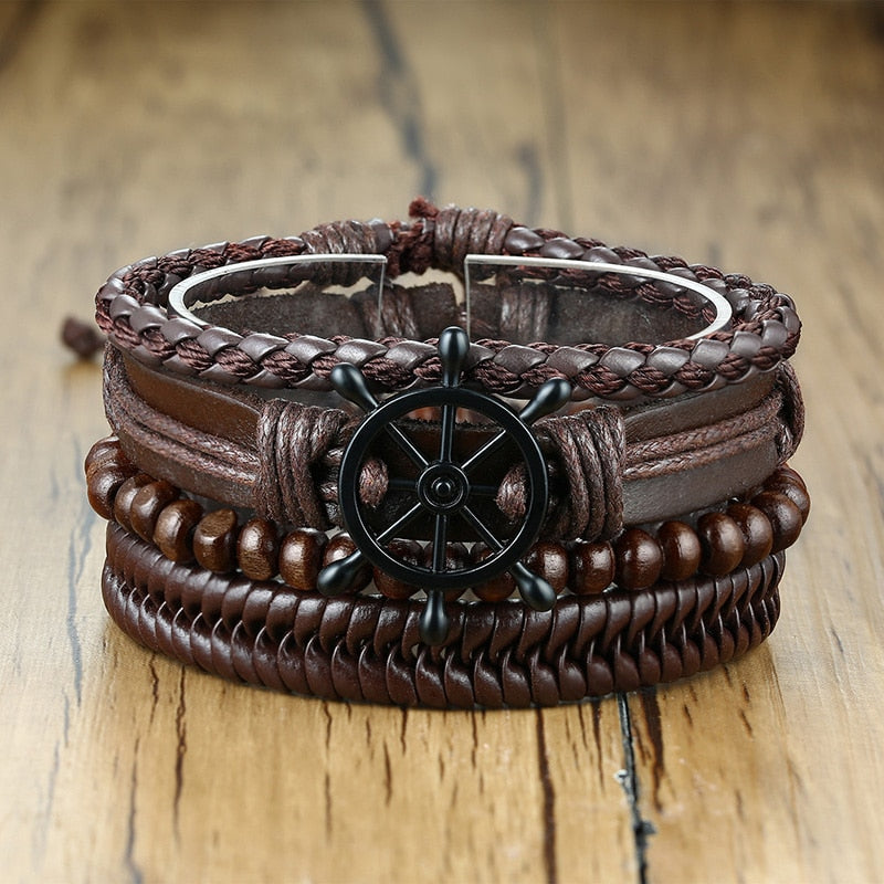 Vnox 4 pcs/set trançado wrap pulseiras de couro para homens vida do vintage árvore leme charme contas de madeira étnicas pulseiras tribais