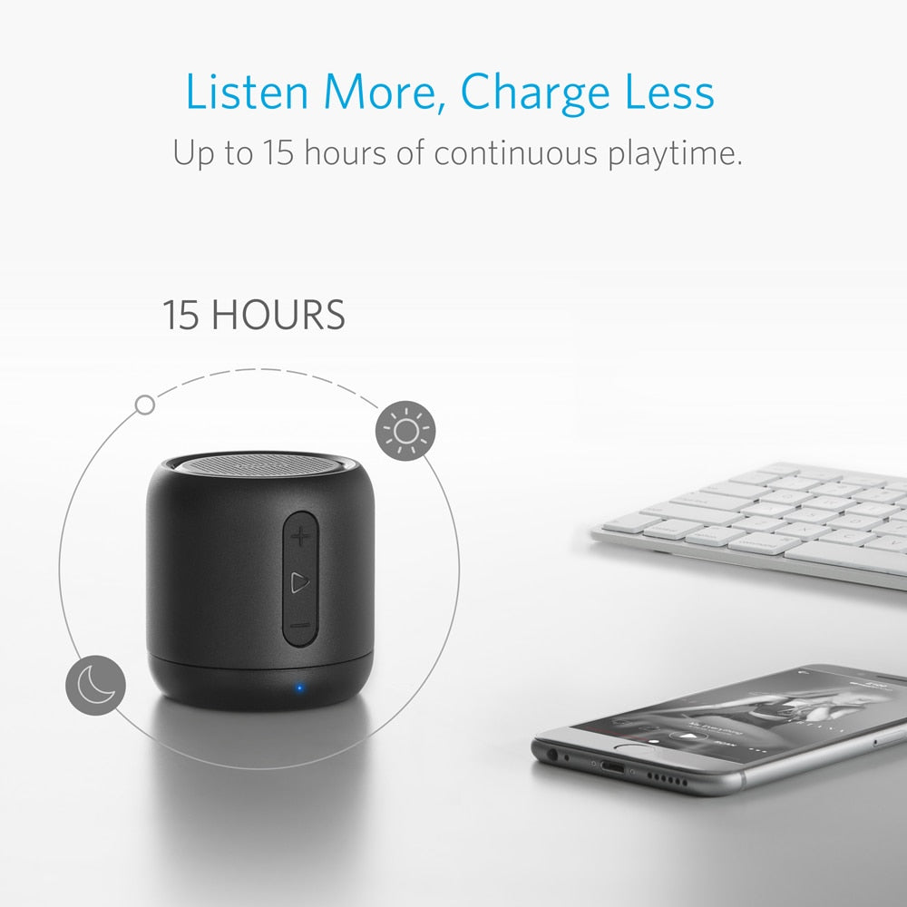 Anker soundcore mini, caixa de som bluetooth super-portátil com tempo de recreio de 15 horas, faixa de 66 pés bluetooth, microfone baixo aumentado