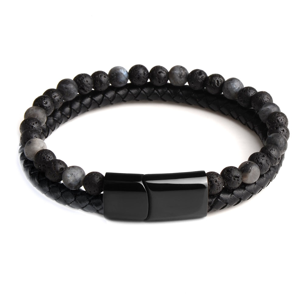 Pedra natural pulseiras de couro genuíno pulseira trançada preto aço inoxidável