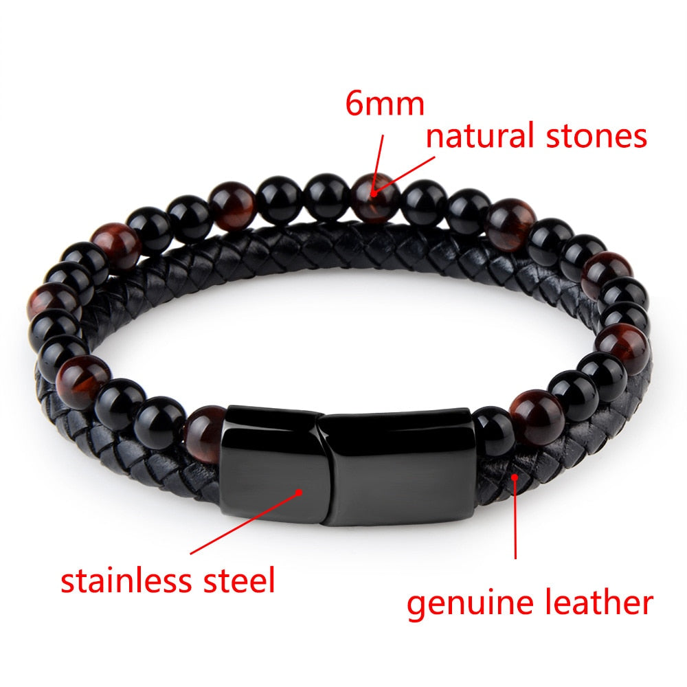 Pedra natural pulseiras de couro genuíno pulseira trançada preto aço inoxidável