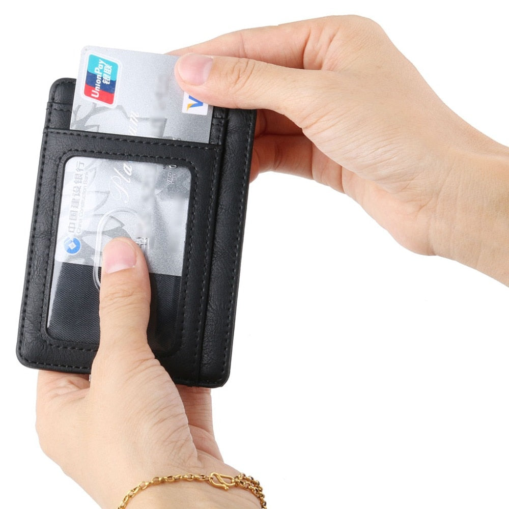 Thinkthendo carteira de couro com bloqueio rfid, fina, porta-cartão de crédito, identidade, carteira para dinheiro, para homens e mulheres
