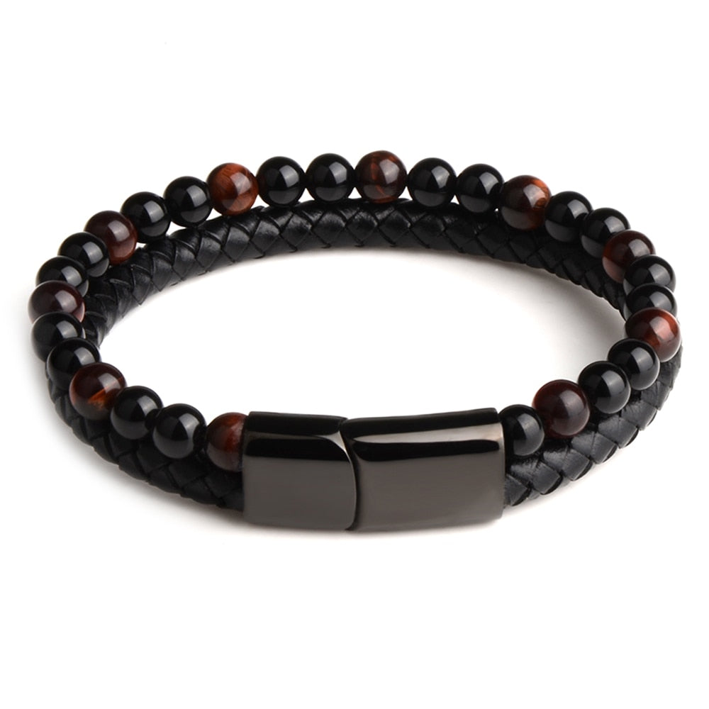 Pedra natural pulseiras de couro genuíno pulseira trançada preto aço inoxidável
