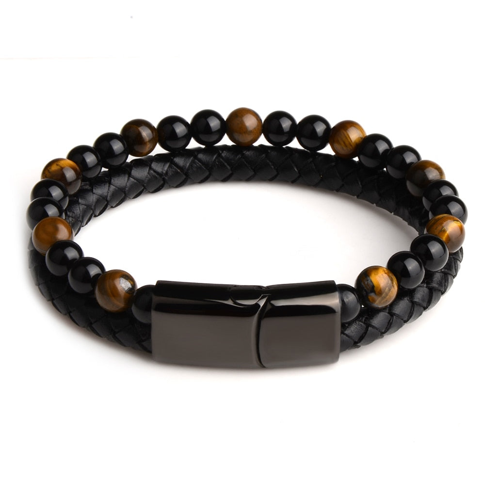 Pedra natural pulseiras de couro genuíno pulseira trançada preto aço inoxidável