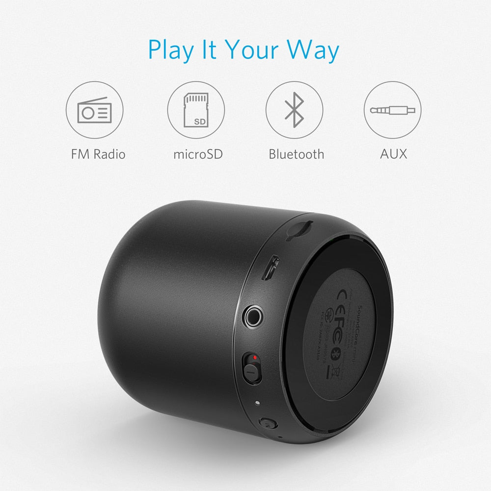 Anker soundcore mini, caixa de som bluetooth super-portátil com tempo de recreio de 15 horas, faixa de 66 pés bluetooth, microfone baixo aumentado