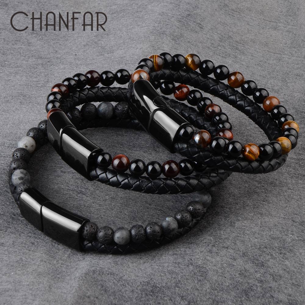 Pedra natural pulseiras de couro genuíno pulseira trançada preto aço inoxidável