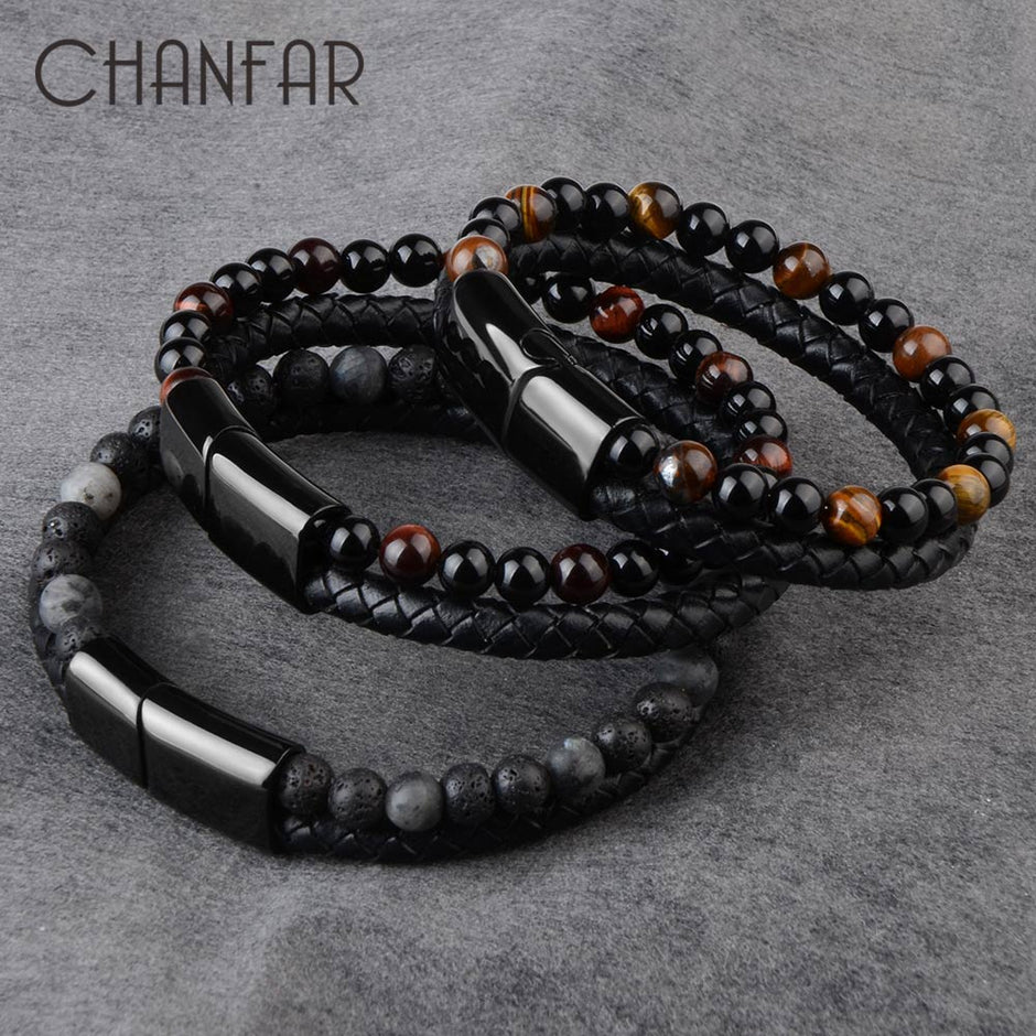 Pedra natural pulseiras de couro genuíno pulseira trançada preto aço inoxidável