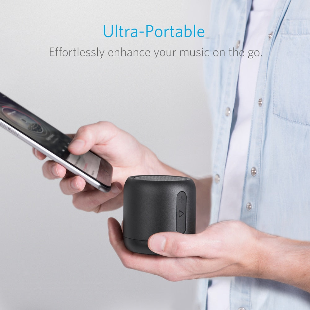 Anker soundcore mini, caixa de som bluetooth super-portátil com tempo de recreio de 15 horas, faixa de 66 pés bluetooth, microfone baixo aumentado