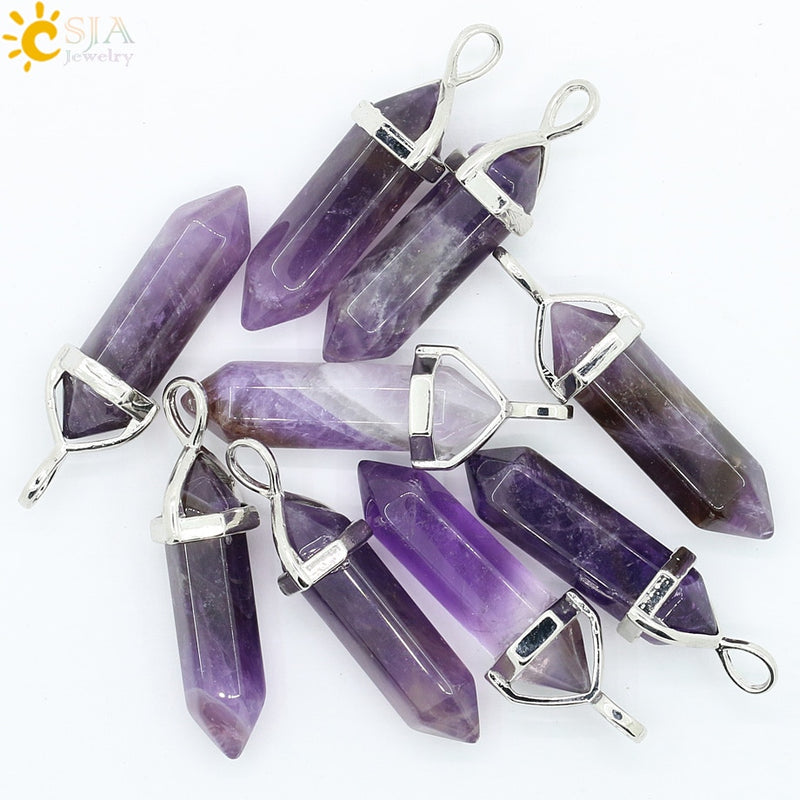 Csja real rosa cru roxo gem cristal colar hexagonal bala reiki chakra pedra natural colar pingente feminino jóias e056