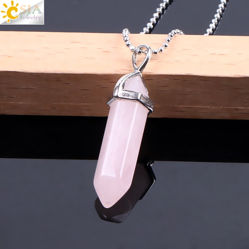 Csja real rosa cru roxo gem cristal colar hexagonal bala reiki chakra pedra natural colar pingente feminino jóias e056