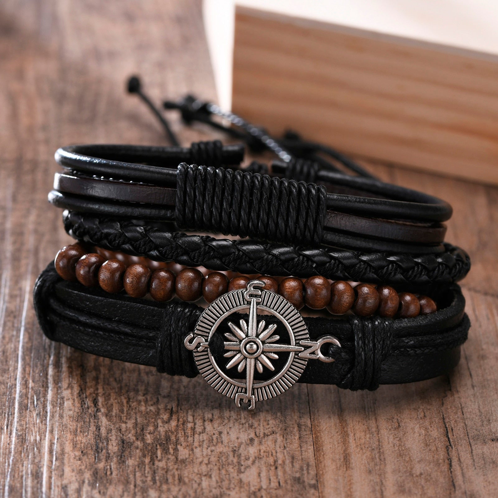 Vnox 4 pcs/set trançado wrap pulseiras de couro para homens vida do vintage árvore leme charme contas de madeira étnicas pulseiras tribais