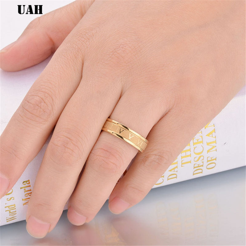 Uah 6 mm 316l anel de banda de casamento de aço inoxidável numerais romanos ouro preto legal punk anéis para mulheres masculinas moda jóias