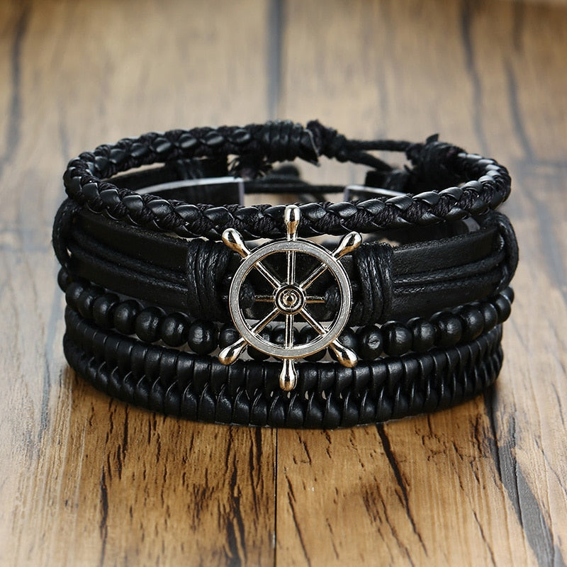 Vnox 4 pcs/set trançado wrap pulseiras de couro para homens vida do vintage árvore leme charme contas de madeira étnicas pulseiras tribais