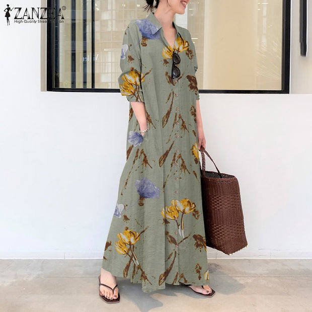 vestido de verão zanzea casual manga longa