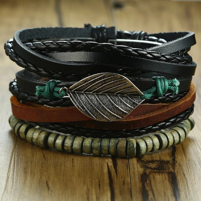 Vnox 4 pcs/set trançado wrap pulseiras de couro para homens vida do vintage árvore leme charme contas de madeira étnicas pulseiras tribais