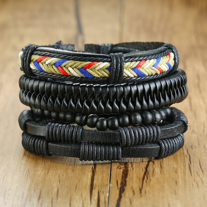 Vnox 4 pcs/set trançado wrap pulseiras de couro para homens vida do vintage árvore leme charme contas de madeira étnicas pulseiras tribais