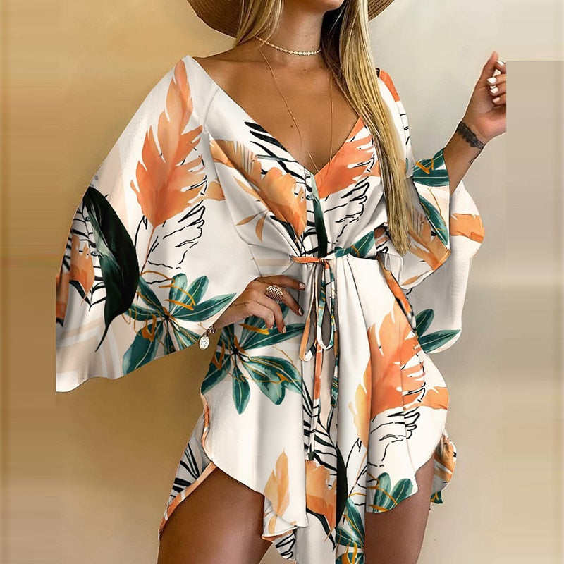 Novas mulheres do verão vestidos elegantes sexy v pescoço lace-up floral impresso