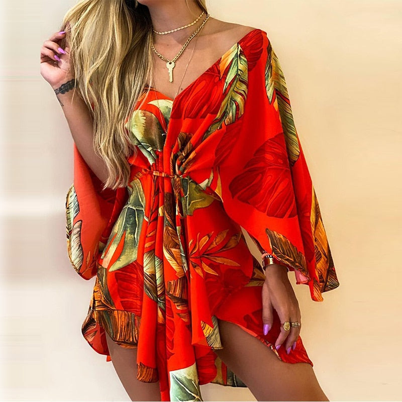 Novas mulheres do verão vestidos elegantes sexy v pescoço lace-up floral impresso
