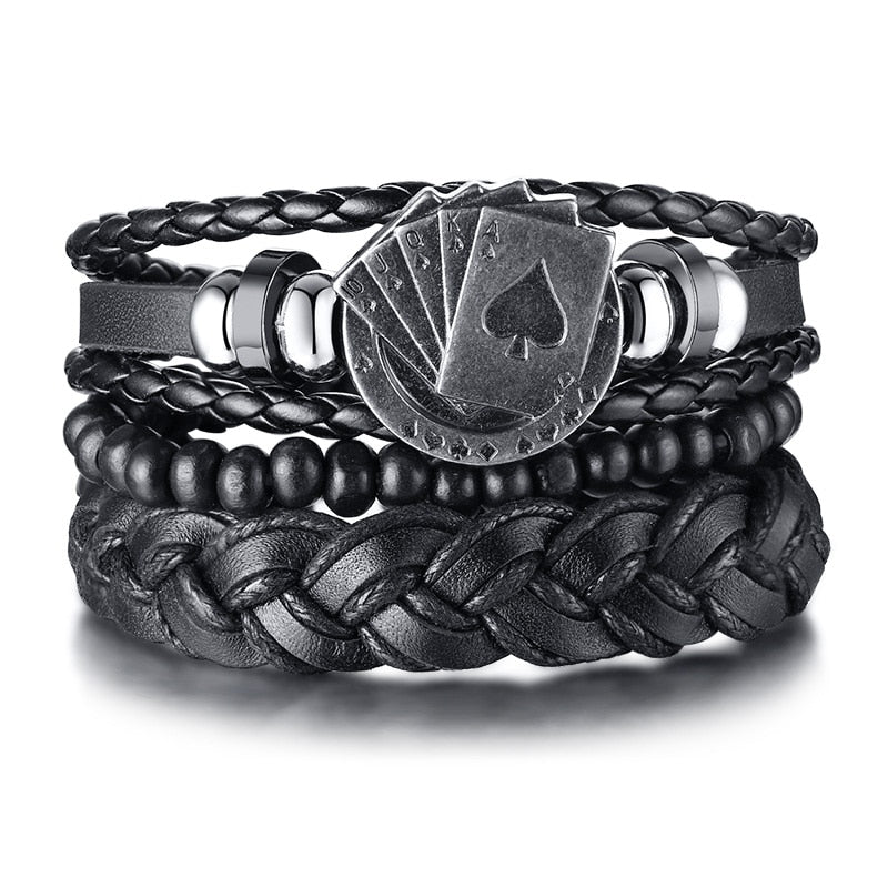 Vnox 4 pcs/set trançado wrap pulseiras de couro para homens vida do vintage árvore leme charme contas de madeira étnicas pulseiras tribais