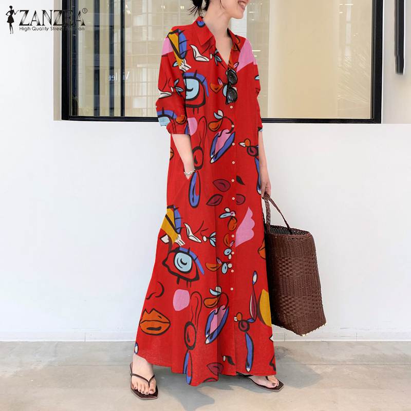 vestido de verão zanzea casual manga longa
