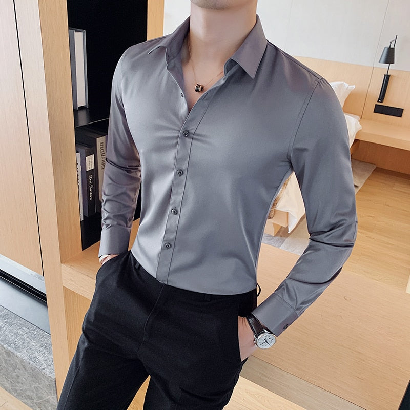 Estilo britânico camisa de manga longa roupas masculinas moda 2023 primavera negócios formal wear chemise homme