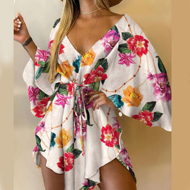 Novas mulheres do verão vestidos elegantes sexy v pescoço lace-up floral impresso