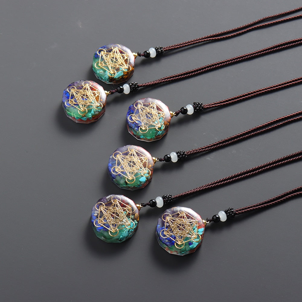 Ornamentos de pedra colorida e natural, colar artesanal com sete chakros, pingente de energia, cola em gotas, 1 peça