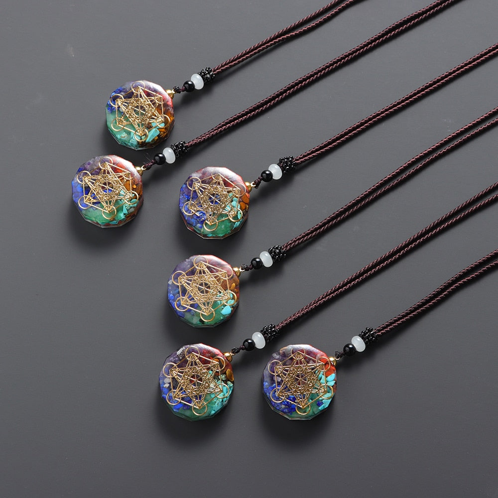 Ornamentos de pedra colorida e natural, colar artesanal com sete chakros, pingente de energia, cola em gotas, 1 peça