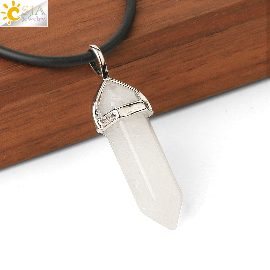 Csja real rosa cru roxo gem cristal colar hexagonal bala reiki chakra pedra natural colar pingente feminino jóias e056