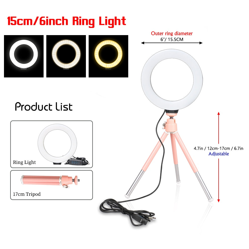 Sh 16cm 6 polegada anel de luz com tripé, suporte para selfies ou gravações de vídeos.