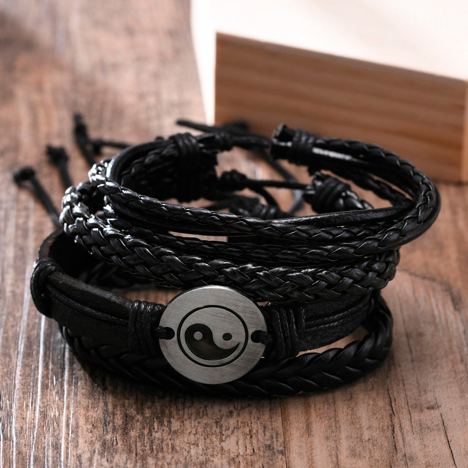 Vnox 4 pcs/set trançado wrap pulseiras de couro para homens vida do vintage árvore leme charme contas de madeira étnicas pulseiras tribais