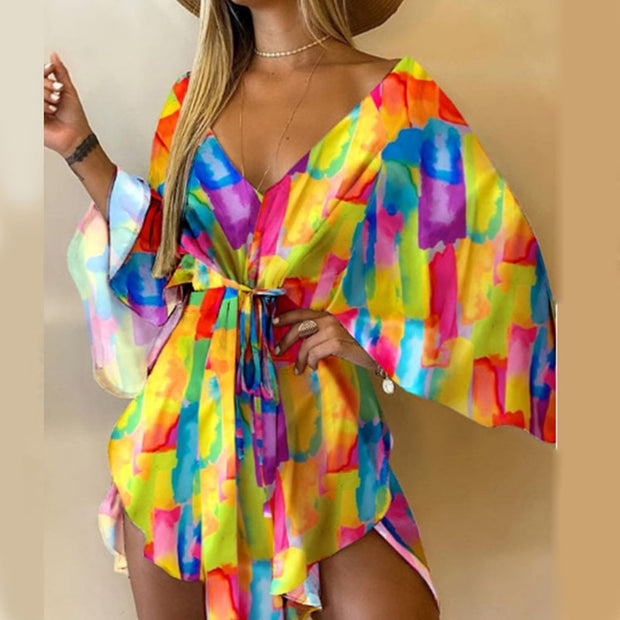 Novas mulheres do verão vestidos elegantes sexy v pescoço lace-up floral impresso