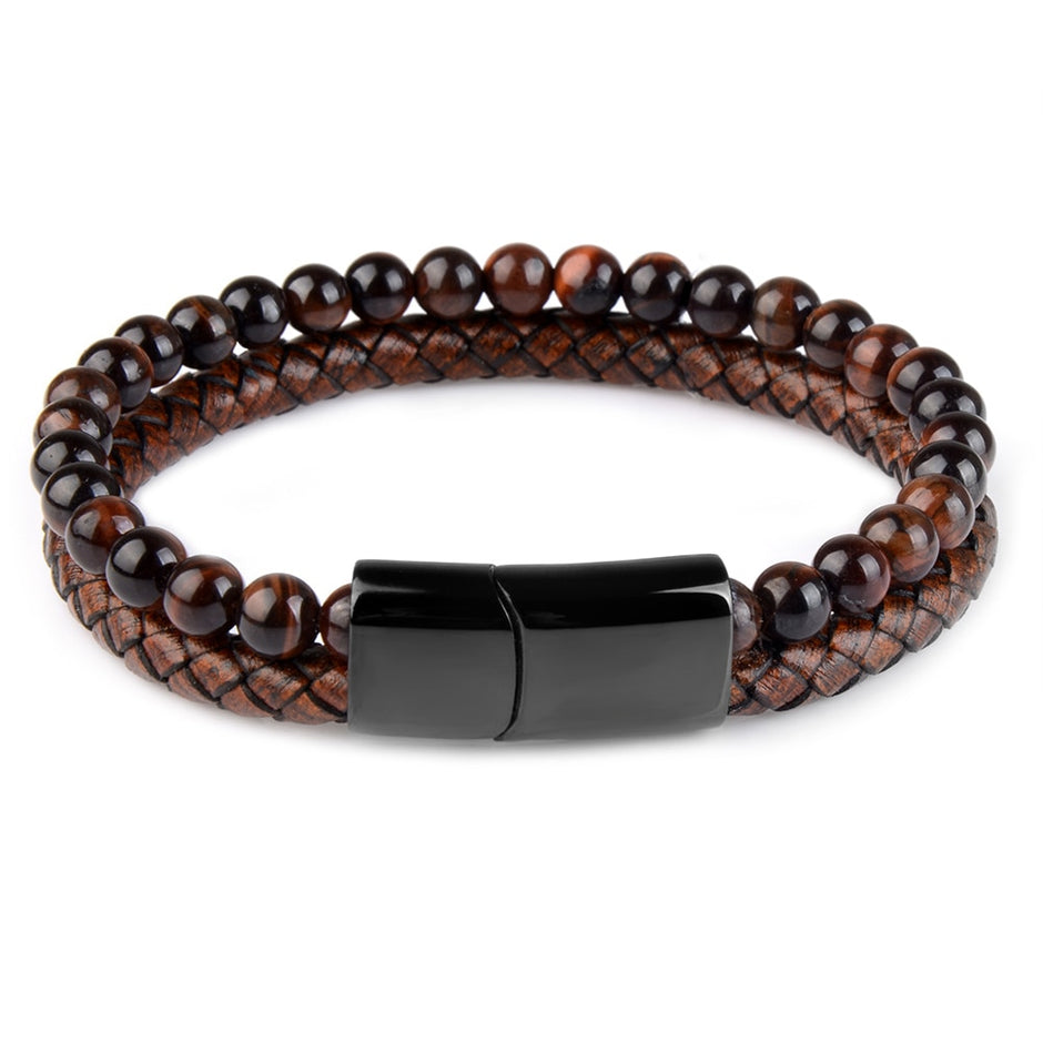 Pedra natural pulseiras de couro genuíno pulseira trançada preto aço inoxidável