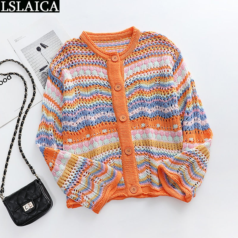 Cardigan topo feminino manga comprida único botão decorado fino arco-íris listrado retalhos camisola feminina