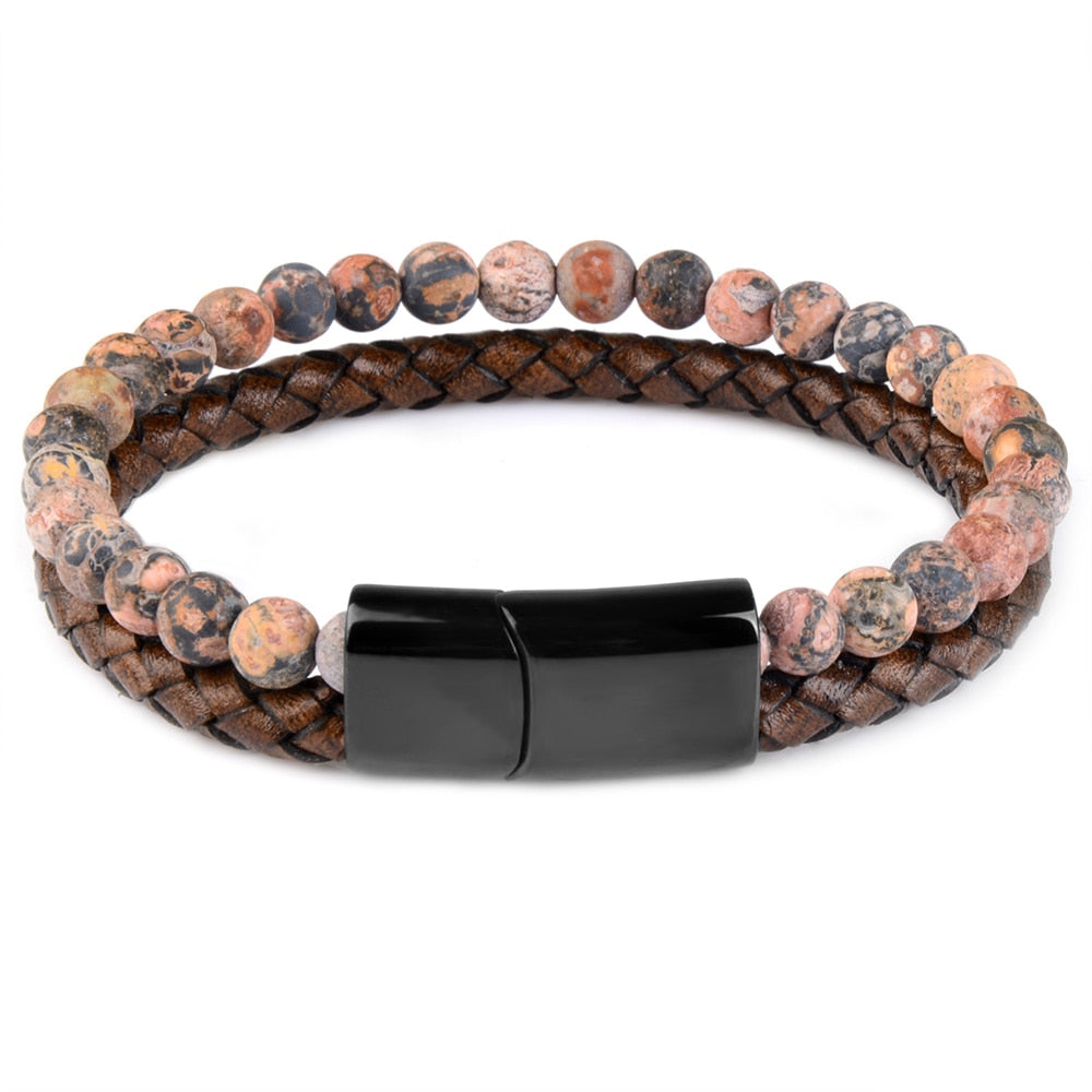 Pedra natural pulseiras de couro genuíno pulseira trançada preto aço inoxidável
