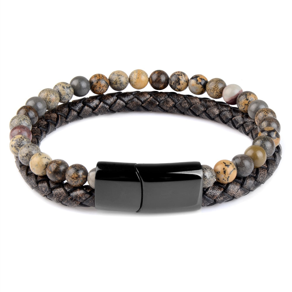 Pedra natural pulseiras de couro genuíno pulseira trançada preto aço inoxidável