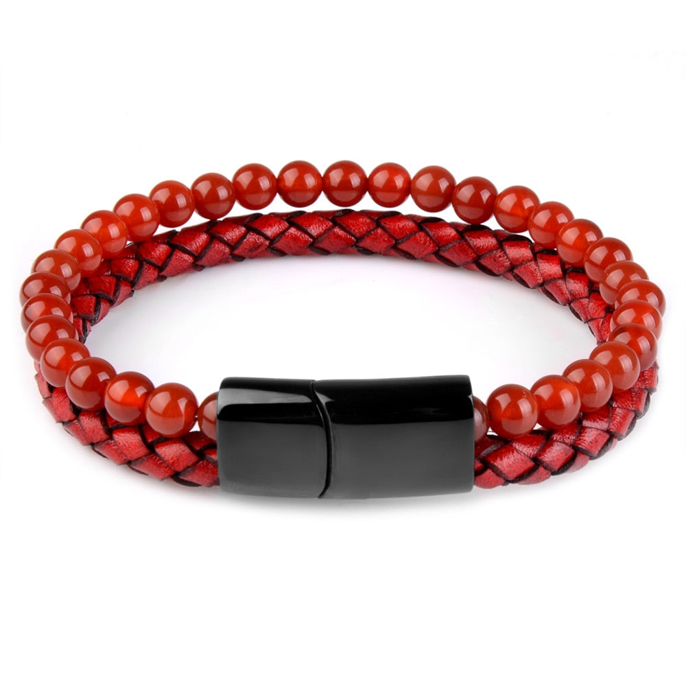Pedra natural pulseiras de couro genuíno pulseira trançada preto aço inoxidável