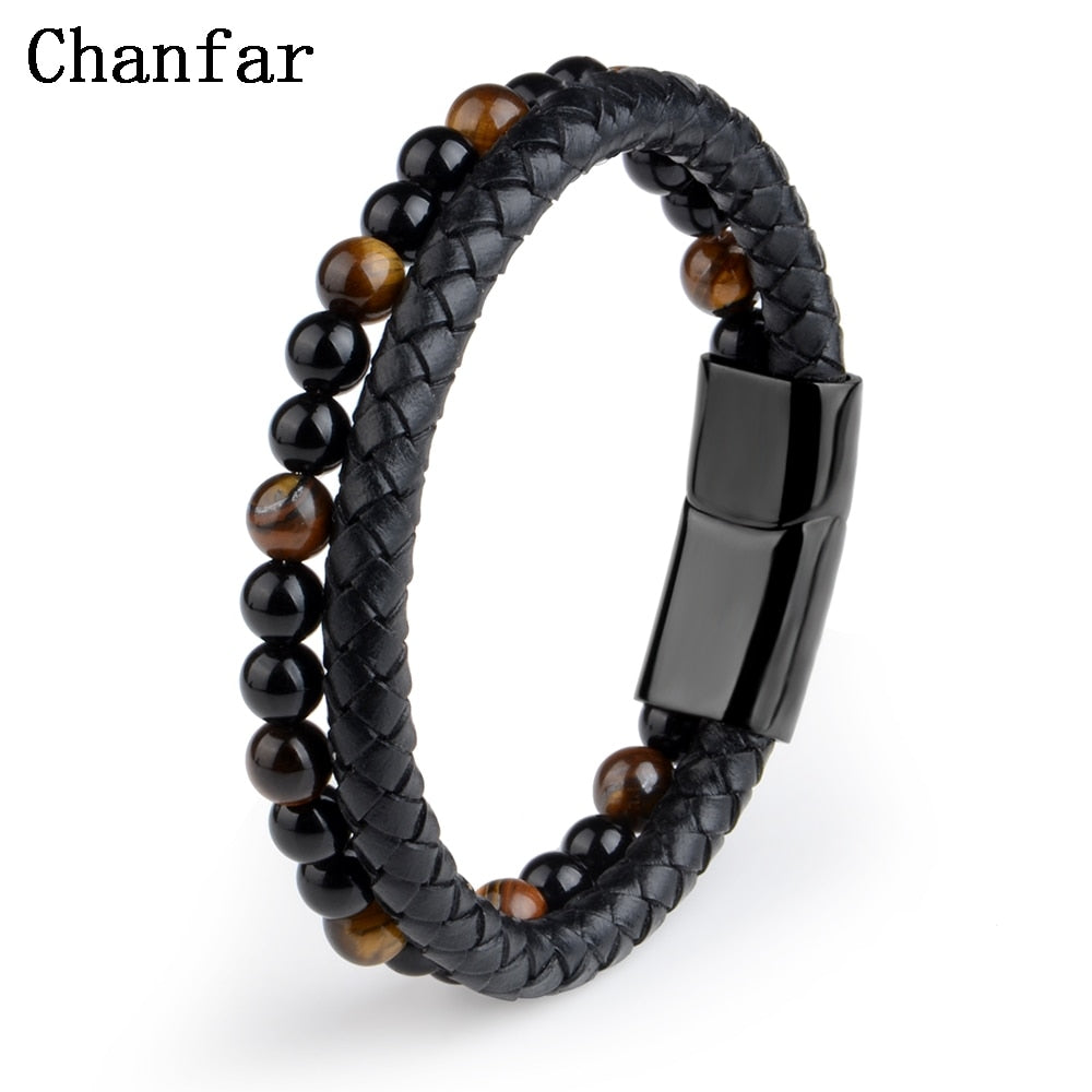 Pedra natural pulseiras de couro genuíno pulseira trançada preto aço inoxidável
