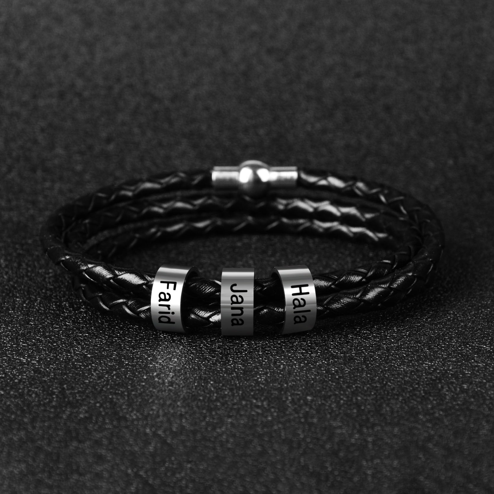 Pulseira masculina de couro trançado com nomes