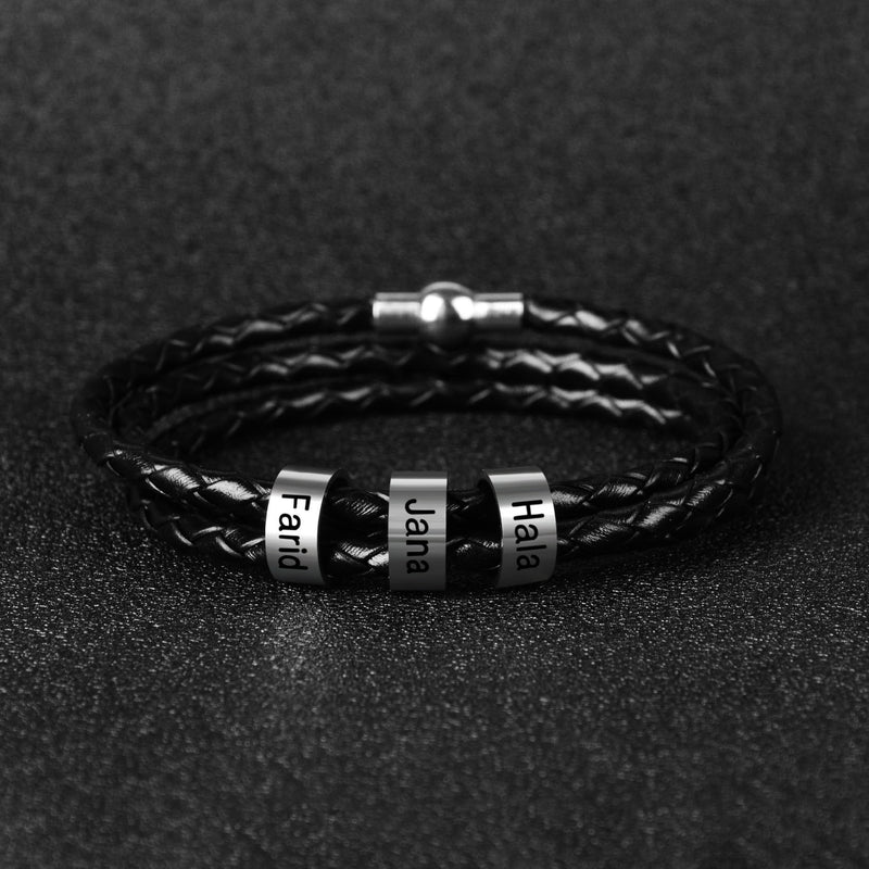 Pulseira masculina de couro trançado com nomes