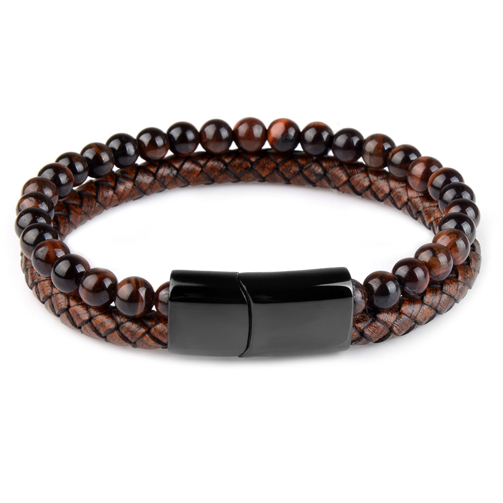 Pedra natural pulseiras de couro genuíno pulseira trançada preto aço inoxidável