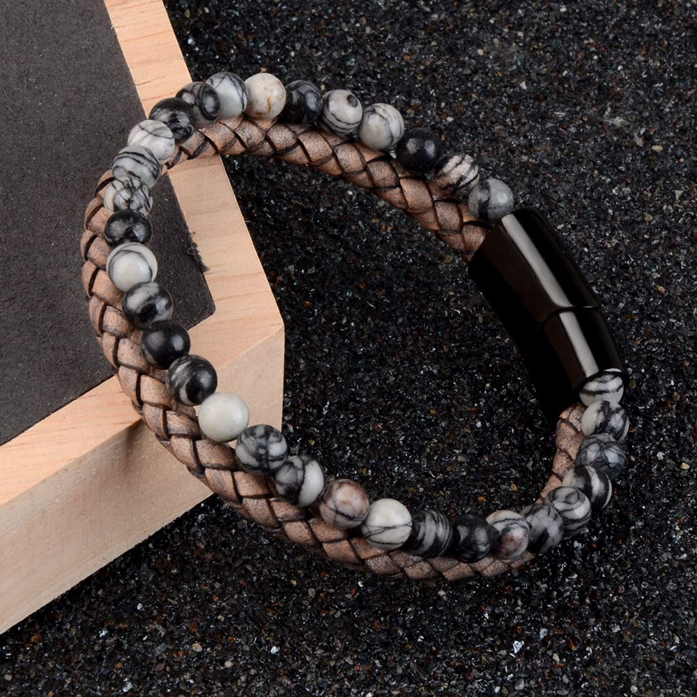 Pedra natural pulseiras de couro genuíno pulseira trançada preto aço inoxidável