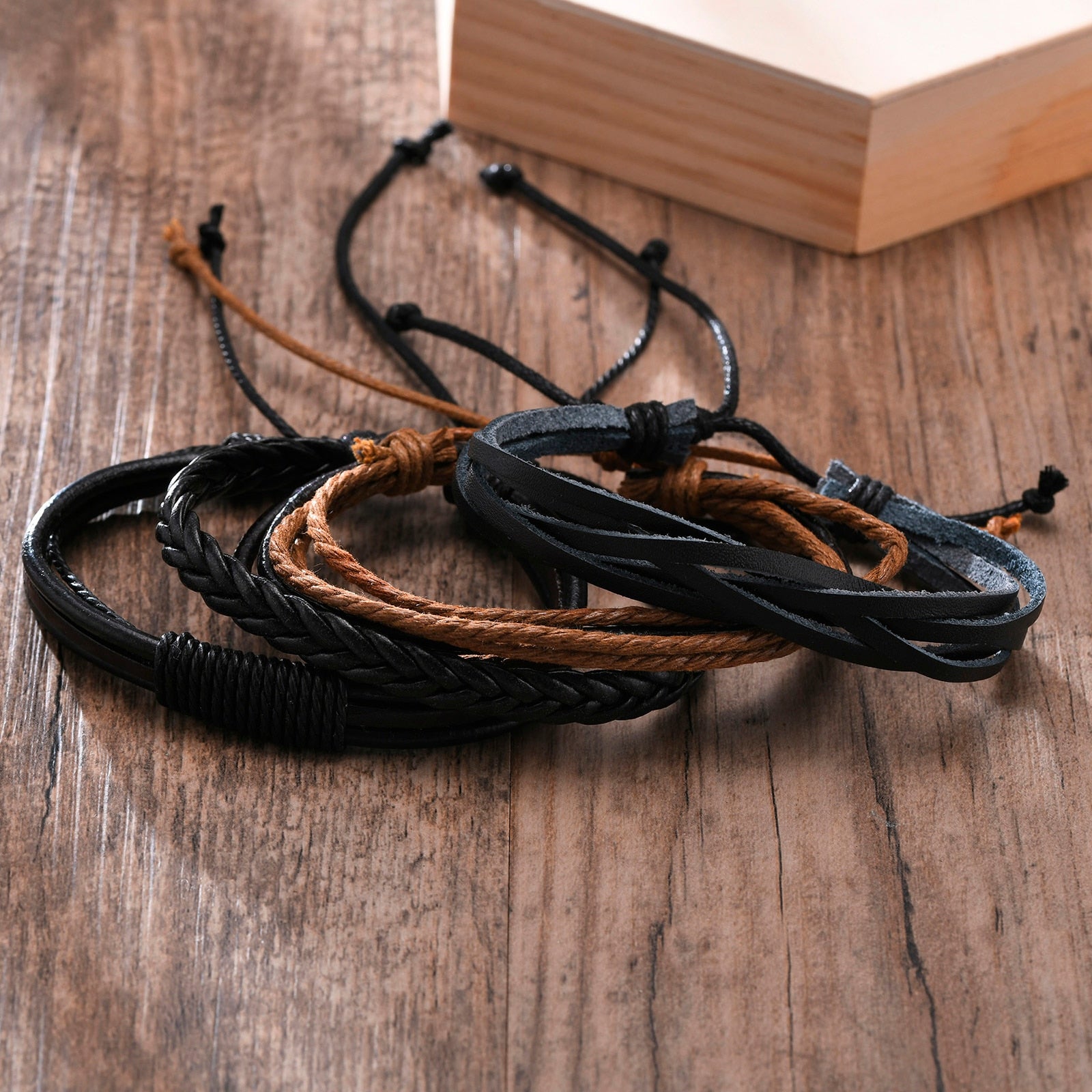 Vnox 4 pcs/set trançado wrap pulseiras de couro para homens vida do vintage árvore leme charme contas de madeira étnicas pulseiras tribais
