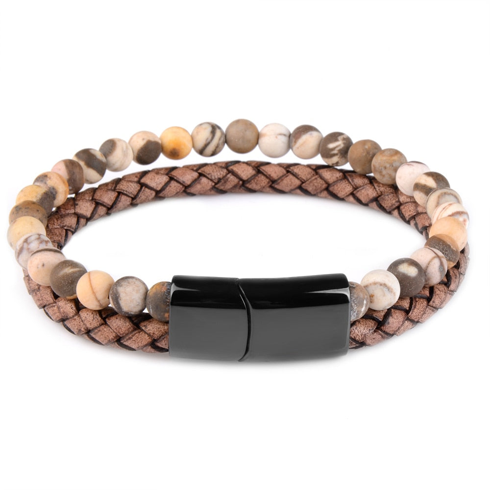 Pedra natural pulseiras de couro genuíno pulseira trançada preto aço inoxidável