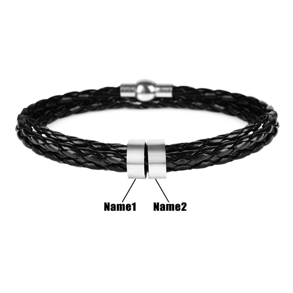 Pulseira masculina de couro trançado com nomes