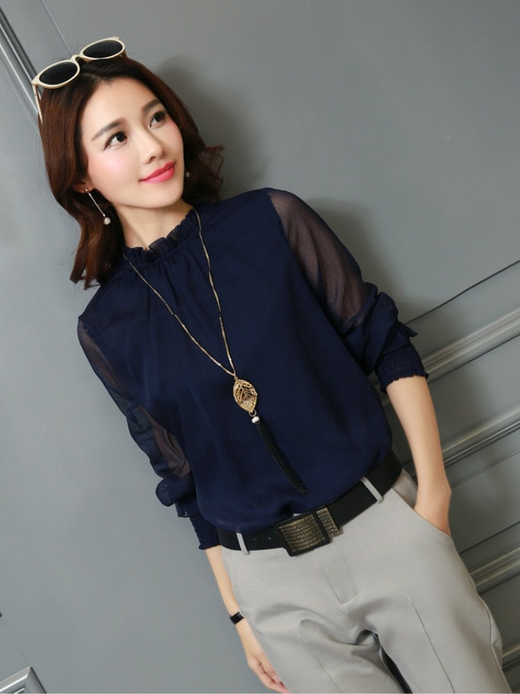 Blusa de chiffon novas mulheres topos de manga longa