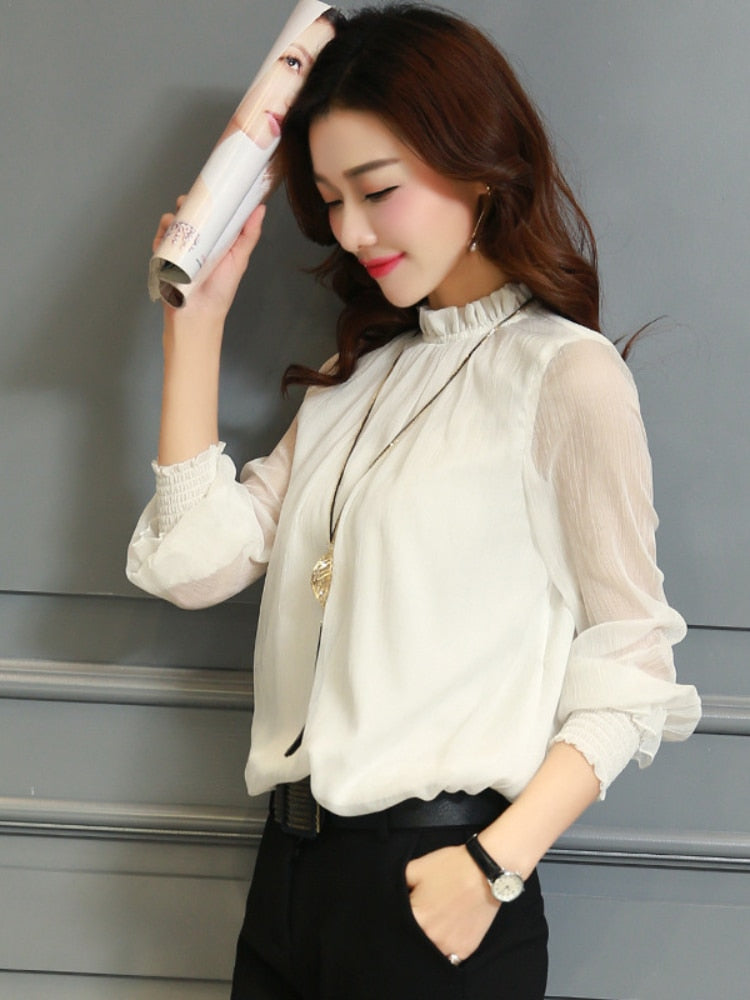 Blusa de chiffon novas mulheres topos de manga longa