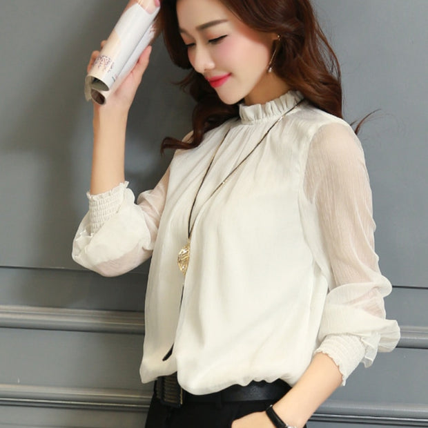 Blusa de chiffon novas mulheres topos de manga longa