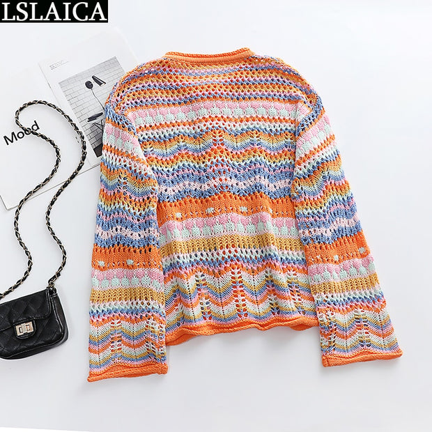 Cardigan topo feminino manga comprida único botão decorado fino arco-íris listrado retalhos camisola feminina