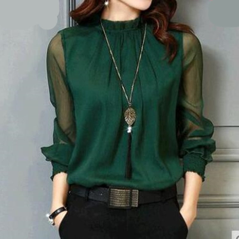 Blusa de chiffon novas mulheres topos de manga longa