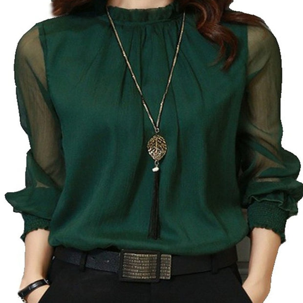 Blusa de chiffon novas mulheres topos de manga longa